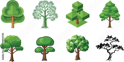 Tree illustrations, bonsai, willow, deciduous, geometric, low‑poly, bare branches, stylized nature art, forest plants, botanical design, garden, foliage icons