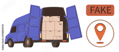 Delivery van with open doors loaded with packages, alongside a location pin and FAKE label. Ideal for fraud, logistics, counterfeit goods, e-commerce, authenticity, tracking, consumer awareness