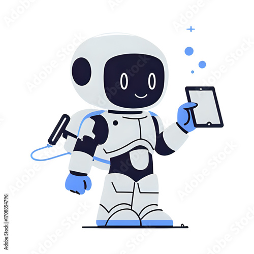 Cute robot character holding a tablet and wearing a backpack isolated on transparent background