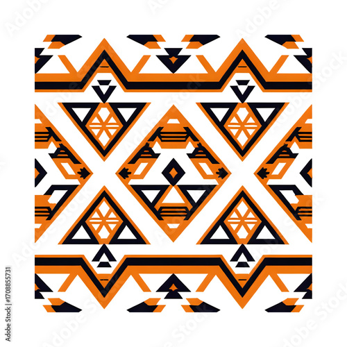 Geometric tribal pattern with orange and navy accents isolated on transparent background