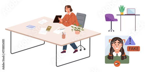 Woman using a digital tablet at a clean office desk, analyzing video flagged as fake. Ideal for misinformation, workplace analysis, digital safety, content review, technology, media responsibility