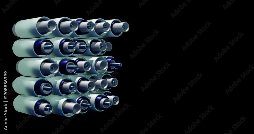 nimação 4K em loop de tubos/cilindros concêntricos com acabamento metálico azul-ciano sobre fundo preto, iluminação elegante e amplo espaço para texto à direita.