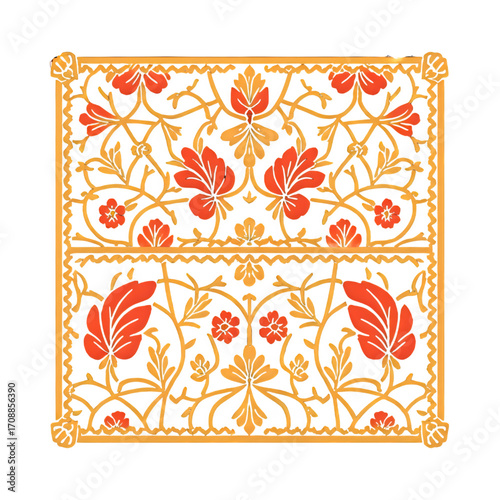 Ornate floral scrollwork pattern with red and gold flowers isolated on transparent background
