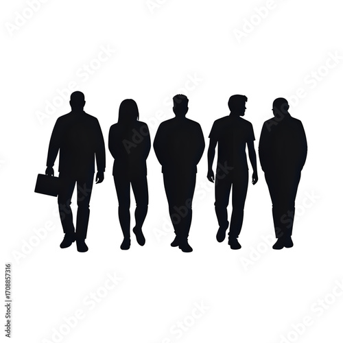 Group of five people walking together as silhouettes isolated on transparent background