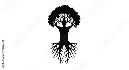 Silhouette of a strong, ancient tree with expansive roots, symbolizing growth and stability.