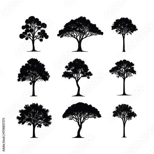 Collection of nine stylized black tree silhouettes isolated on transparent background