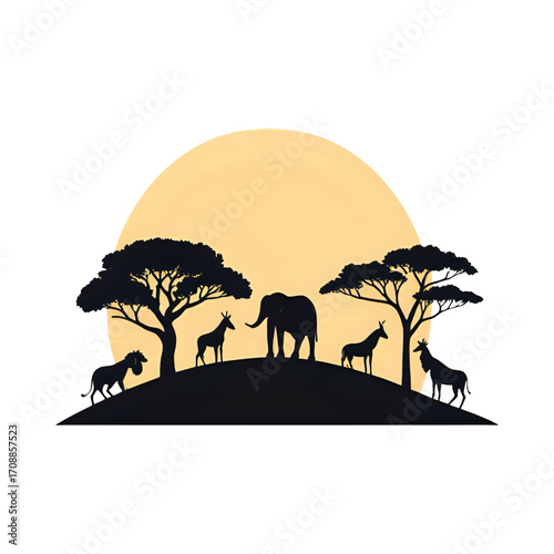 African safari silhouette with animals and trees isolated on transparent background