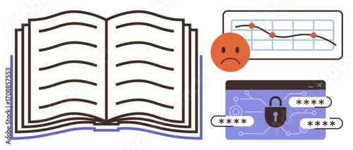 Open book beside sad face, declining graph, and padlock icon with passwords. Ideal for data security, education, technology risks, privacy, business analysis learning concern metaphor. Simple flat