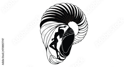 Elegant silhouette of a dancer emerging from a stylized seashell