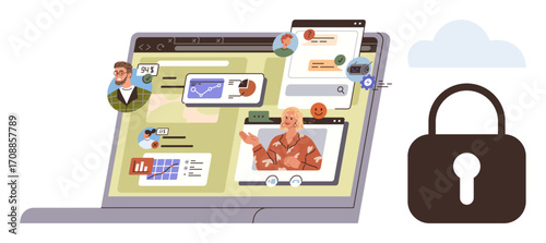 Laptop screen displays interactive elements thumbs up charts, profiles, and video chat. Cloud lock emphasizes data security. Ideal for cybersecurity, collaboration, technology, networking, business