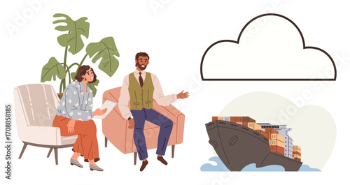 Two professionals sitting near a plant discussing logistics as a container ship and a cloud outline hint at technology. Ideal for brainstorming, logistics, shipping, teamwork, tech innovation