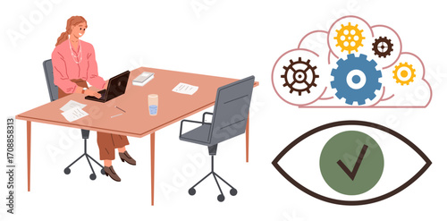 Businesswoman using laptop at desk, cloud with gears symbolizing workflow automation, eye with checkmark representing vision or approval. Ideal for teamwork, productivity, planning, efficiency