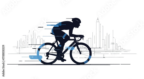 Dynamic silhouette of cyclist racing through abstract cityscape with digital data overlays