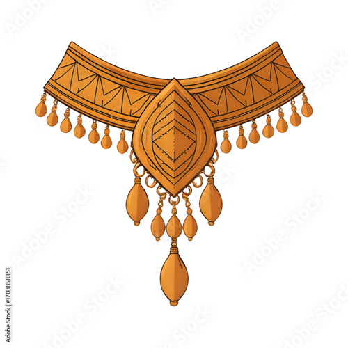 Ornate gold necklace with dangling pendants isolated on transparent background