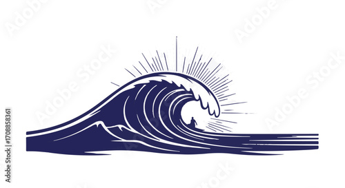 Powerful ocean wave crests with a radiant sunburst behind it, symbolizing nature's energy.