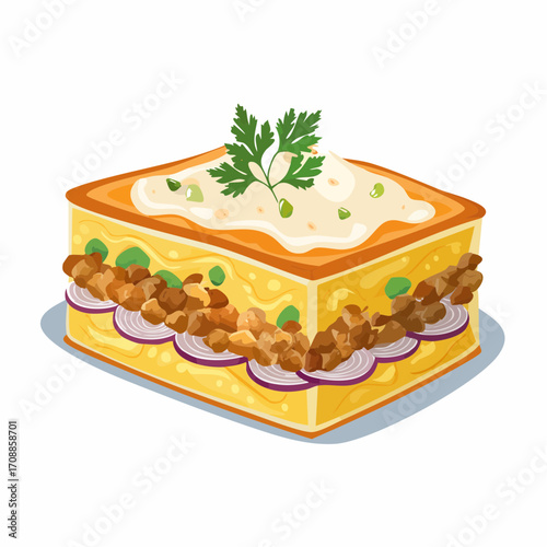 Überbackene Kartoffelauflauf-Schichten mit Hackfleisch, Zwiebeln und cremiger Sauce.