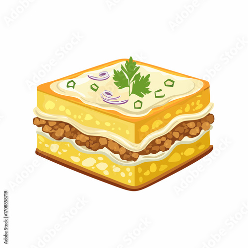 Überbackene Kartoffelauflauf-Schichten mit Hackfleisch, Zwiebeln und cremiger Sauce.