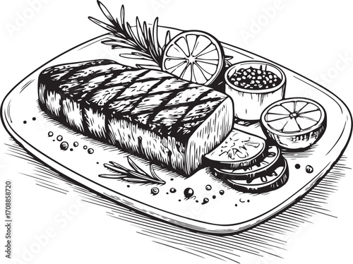Churrasco Brazilian Cuisine Vector Illustration, Sketch Drawing Line Linear Symbol Icon Engraving Coloring Book, Hand-drawn Doodle Black and White Isolated