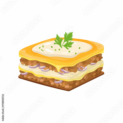 Überbackene Kartoffelauflauf-Schichten mit Hackfleisch, Zwiebeln und cremiger Sauce.