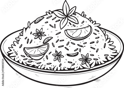 Biryani Indian Dish Vector Illustration, Sketch Drawing Line Linear Symbol Icon Engraving Coloring Book, Hand-drawn Doodle Black and White Isolated