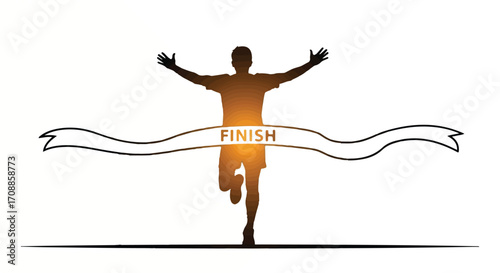 Silhouette of a runner crossing the finish line with arms raised in triumph against a warm glow.