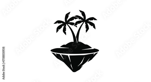Isolated tropical island with two palm trees, a symbol of escape and paradise.