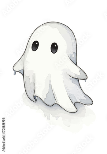 Cute watercolor ghost illustration with big eyes and a flowing fabric design, perfect for Halloween and spooky themes