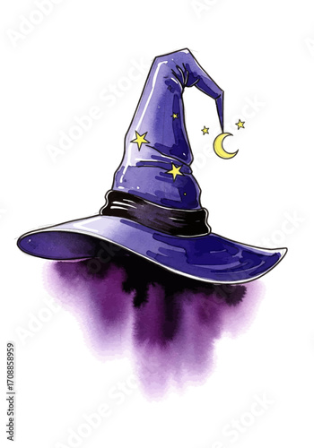 A magical purple sorcerer's pointed hat decorated with golden stars and a crescent moon. Whimsical fantasy watercolor style illustration