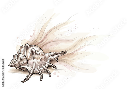 Artistic watercolor illustration of a beautiful spiraled conch seashell, intricately detailed with natural textures and subtle shades, surrounded by ethereal, flowing sandy elements 