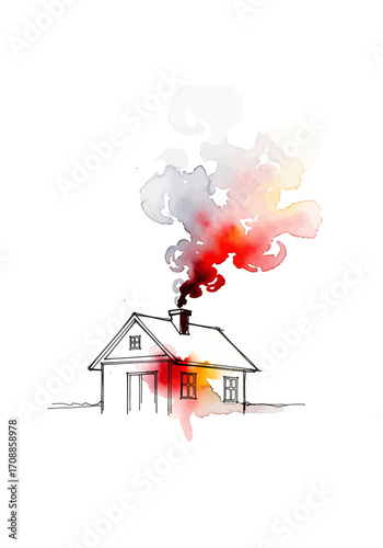 Whimsical House Illustration with Colorful Smoke - Cozy Home Art