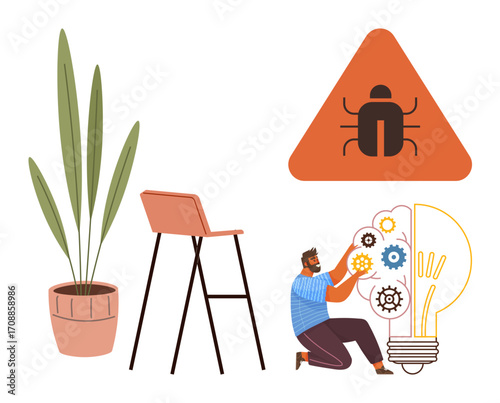 Person kneels to adjust gears inside a large lightbulb with a bug warning sign overhead. Potted plant and chair present. Ideal for innovation, problem-solving, technology, creativity, debugging