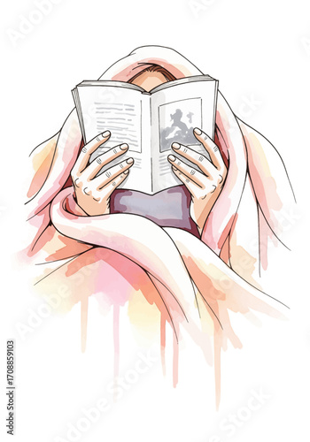An artistic watercolor illustration of a person finding solace and escapism while reading a book wrapped in a cozy pink blanket