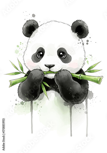 Charming watercolor illustration of an adorable baby panda enjoying a bamboo snack on a white background