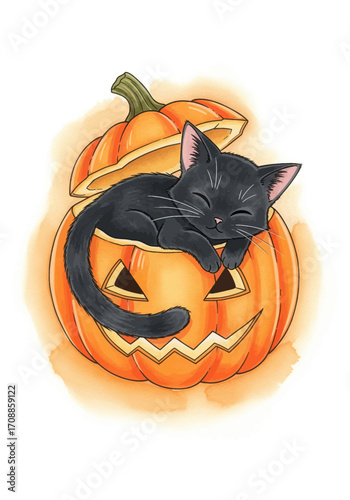 A heartwarming illustration of a sleepy black kitten peacefully napping inside a festive, carved Halloween pumpkin, radiating autumn coziness and spooky season charm