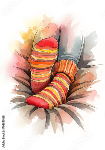 Cozy Autumn Vibes Watercolor Illustration of Striped Socks
