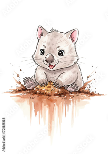 Playful Little Wombat Illustration Happily Digging in Earth, a Cute Hand-Drawn Cartoon Character Perfect for Kids' Nature and Wildlife Themes