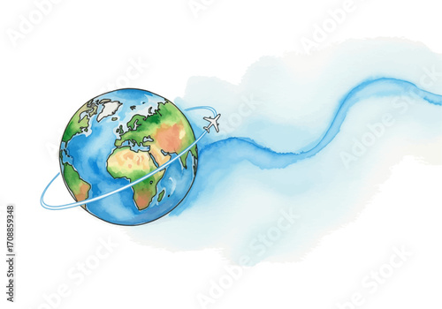 Around the World Airplane Circumnavigating Earth Illustration