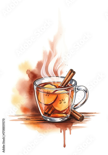 Warm Apple Cider Illustration A Cozy Drink with Cinnamon Sticks and Steaming Aroma