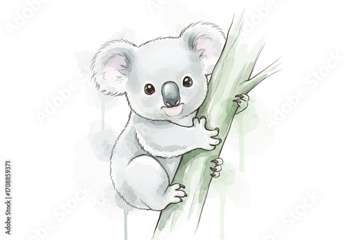 Cute watercolor illustration of a baby koala clinging to a eucalyptus tree branch with a soft, dreamy background