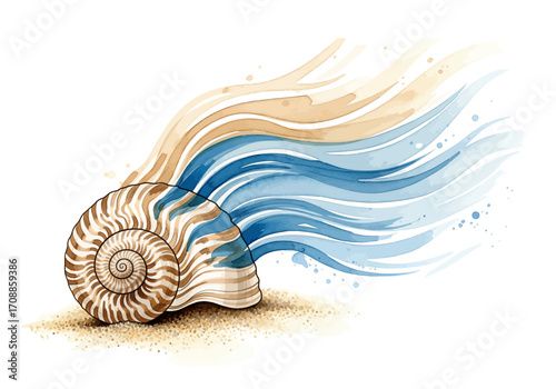 A detailed illustration of a nautilus shell with flowing watercolor waves in blues and tans, set on a sandy beach
