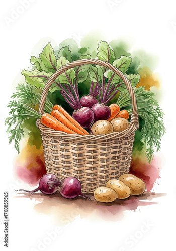 Watercolor art of a rustic basket filled with fresh organic root vegetables beets, carrots, and potatoes, symbolizing healthy harvest and natural abundance
