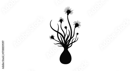Whimsical silhouette of a unique flowering plant in a simple vase