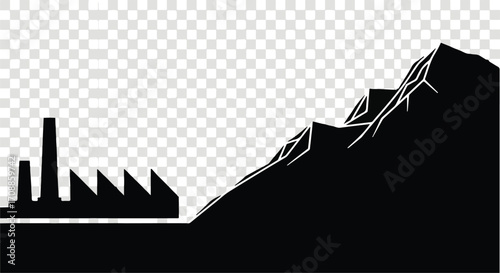 Industrial factory silhouette beside rugged mountain landscape