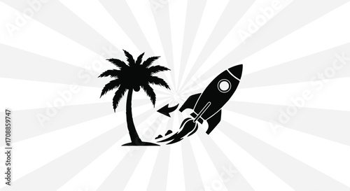 Rocket launching from tropical island, symbolizing escape and adventure