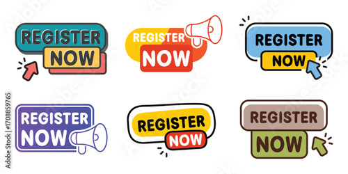 Collection of six colorful and modern register now buttons with call to action graphics and cursors for online sign up and registration