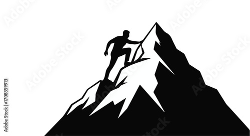Silhouette of a determined person scaling a rugged mountain peak against a white background.