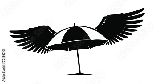 Whimsical umbrella with outstretched wings takes flight against a white background