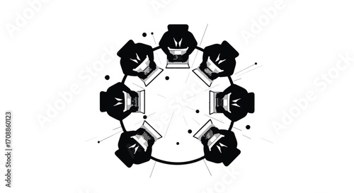 Circular arrangement of stylized vases or urns suggests a gathering or community theme, presented cleanly on a white background for versatile use.