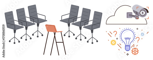 Grey office chairs surround a single red chair beneath a cloud and security camera with bright lightbulb and gear visuals. Ideal for innovation, leadership, security, brainstorming, teamwork, office