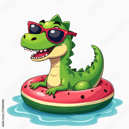 Vector fashion drawing for children t-shirt. 
Cute green dinosaur boy in sunglasses 
with inflatable ring swims on sea water
on white background. Cartoon design for fabric, 
paper, clothing.